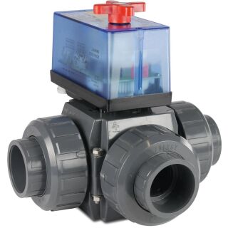 Praher 3-Wege-Kugelhahn L-Bohrung PVC-U 50 mm Klebemuffe 3bar DN40 230VAC Grau Seitlich
